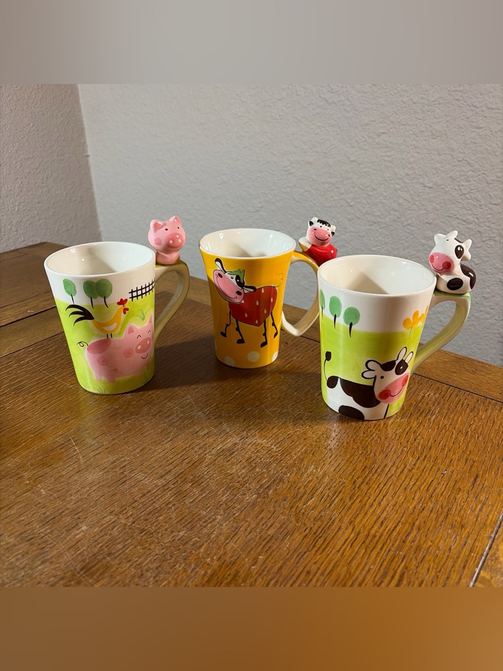 Cow And Pig Handle Mugs Indra Hand Painted Thailand Fine Stoneware Whimsical
